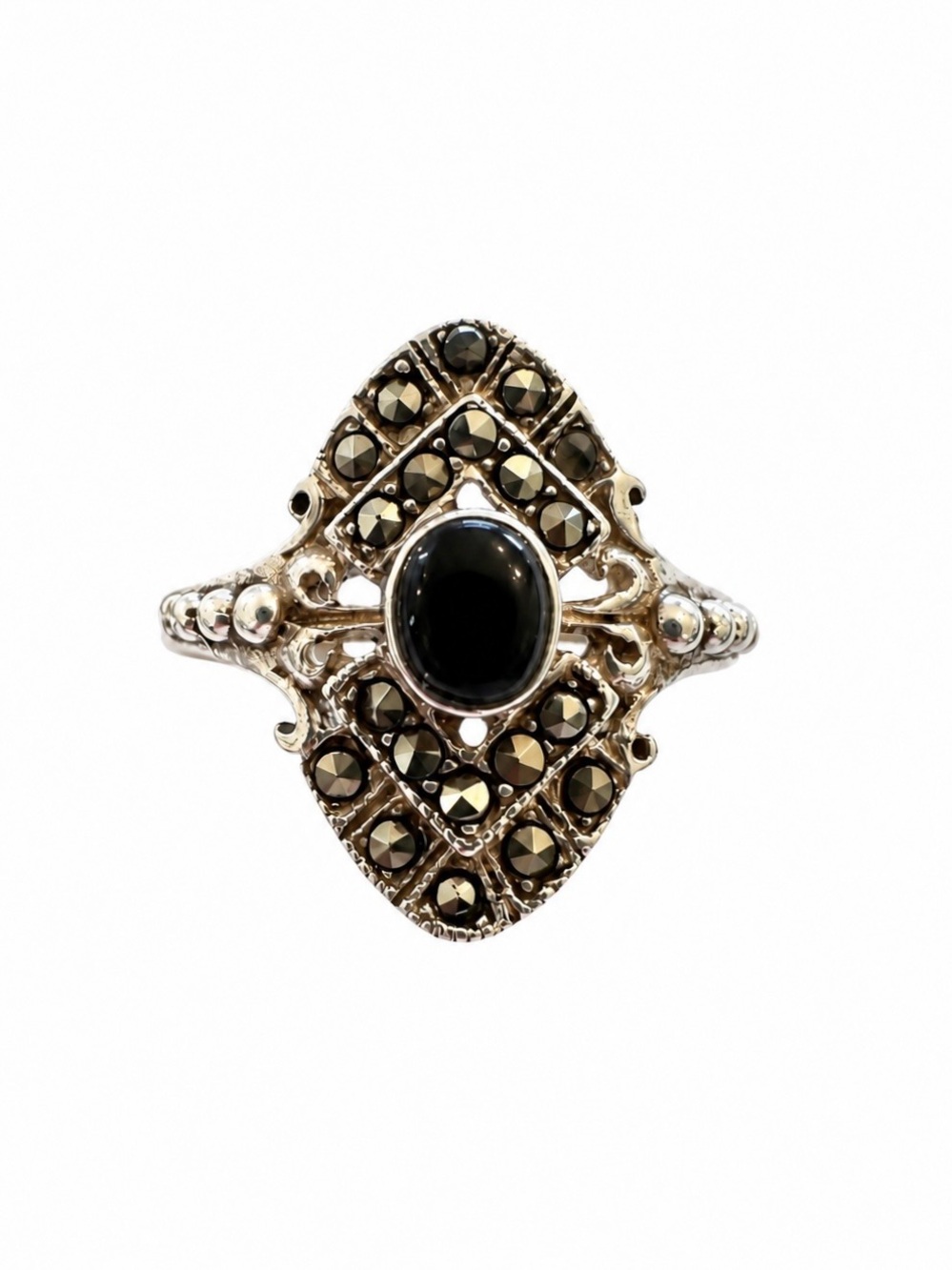 Antique 1920s Art Deco Sterling Silver Black Onyx Marcasite Ring Size 10 - Picture 2 of 11